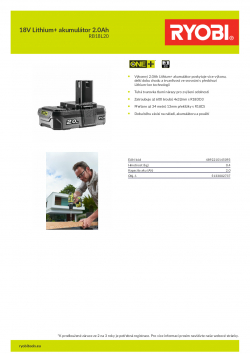 RYOBI RB18L20 18V Lithium+ akumulátor 2.0Ah 5133002737 A4 PDF