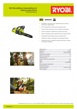 RYOBI RY36CSX35A 36V Bezuhlíková akumulátorová řetězová pila 35cm 5133004595 A4 PDF