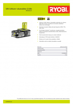 RYOBI RB18L25 18V Lithium+ akumulátor 2.5Ah 5133002237 A4 PDF