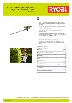 RYOBI RHT5655RS 550W Elektrický plotostřih, délka lišty 55cm, šířka střihu 26mm 5133003643 A4 PDF